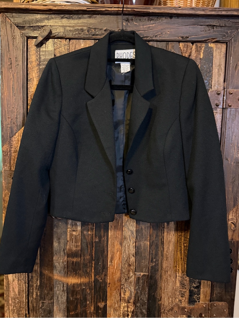 Vtg Rhodes California Black Cropped Blazer Wool Blend 80s 90s Tailored